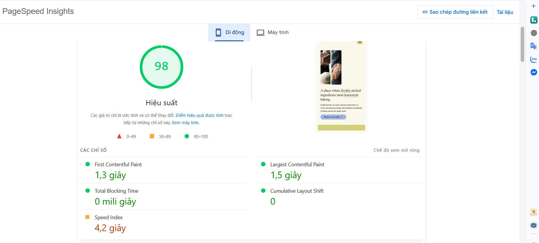 Kết quả test PageSpeed insight của liteSpeed cache trên di động