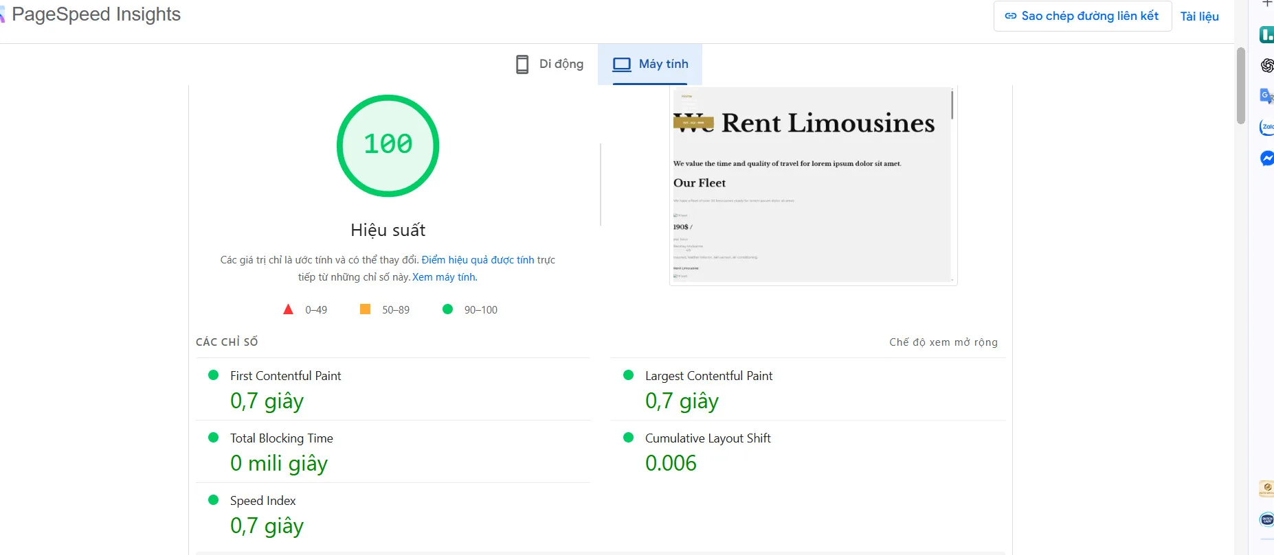 Kết quả test PageSpeed insight của liteSpeed cache trên máy tính