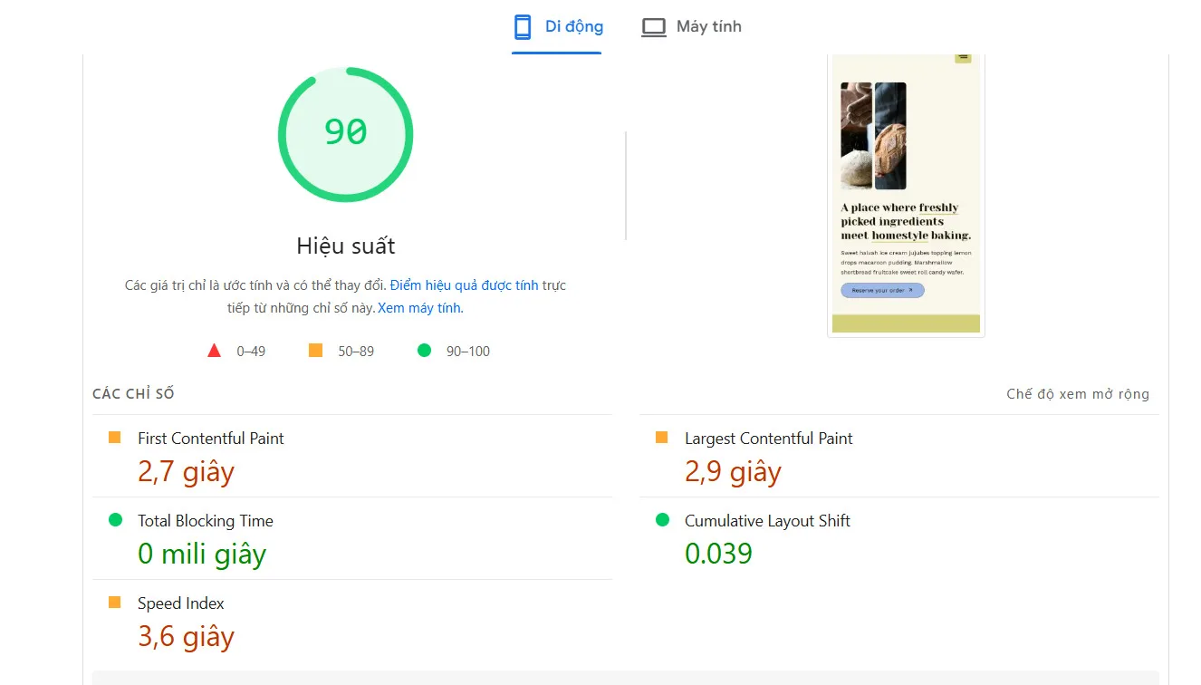 Kết quả test PageSpeed insight của optimole trên di động