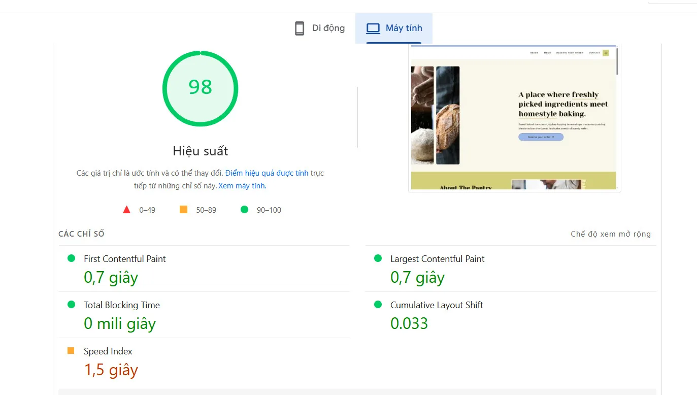 Kết quả test PageSpeed insight của optimole trên máy tính.