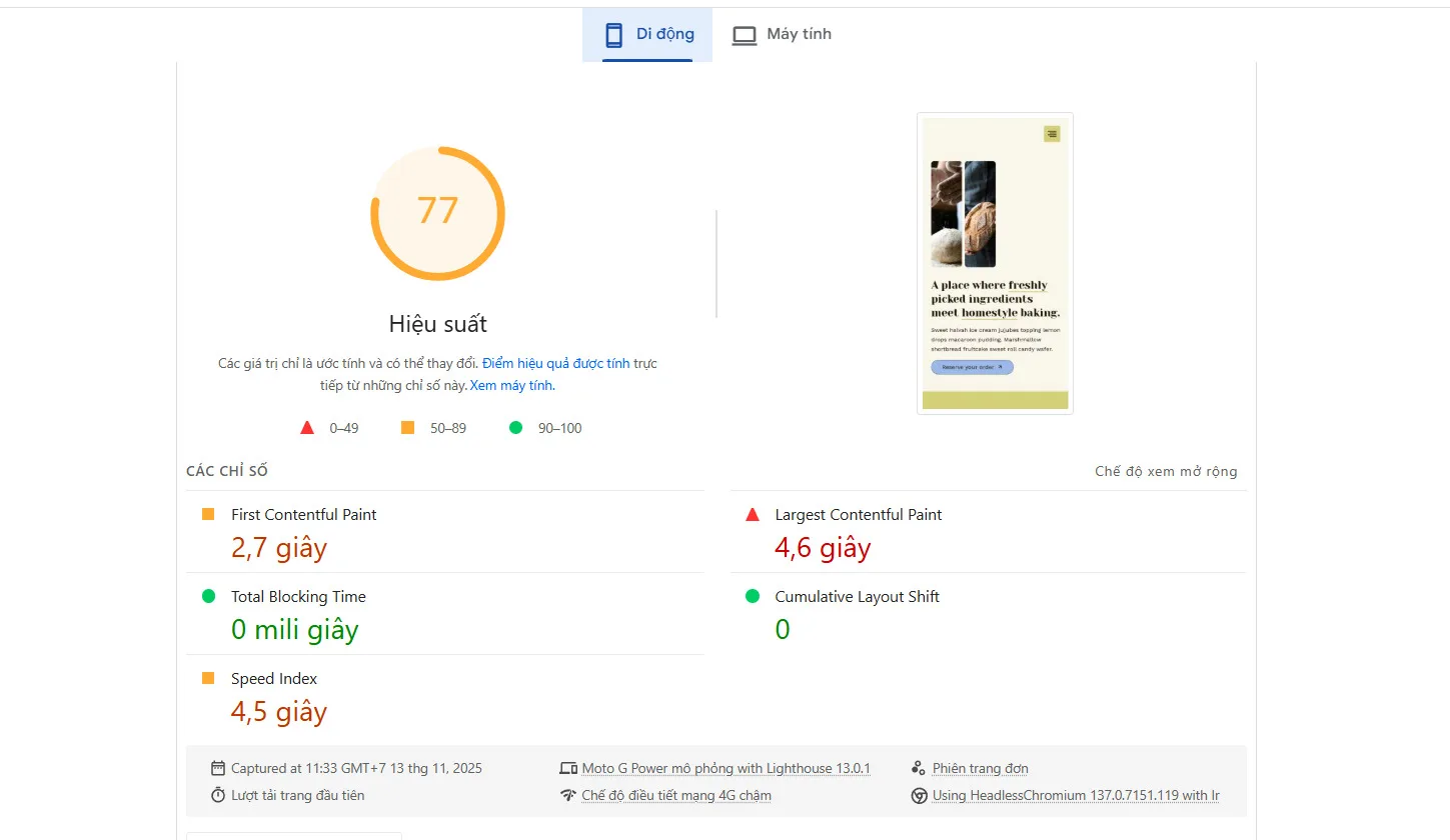 Kết quả test PageSpeed insight của shortpixel trên di động