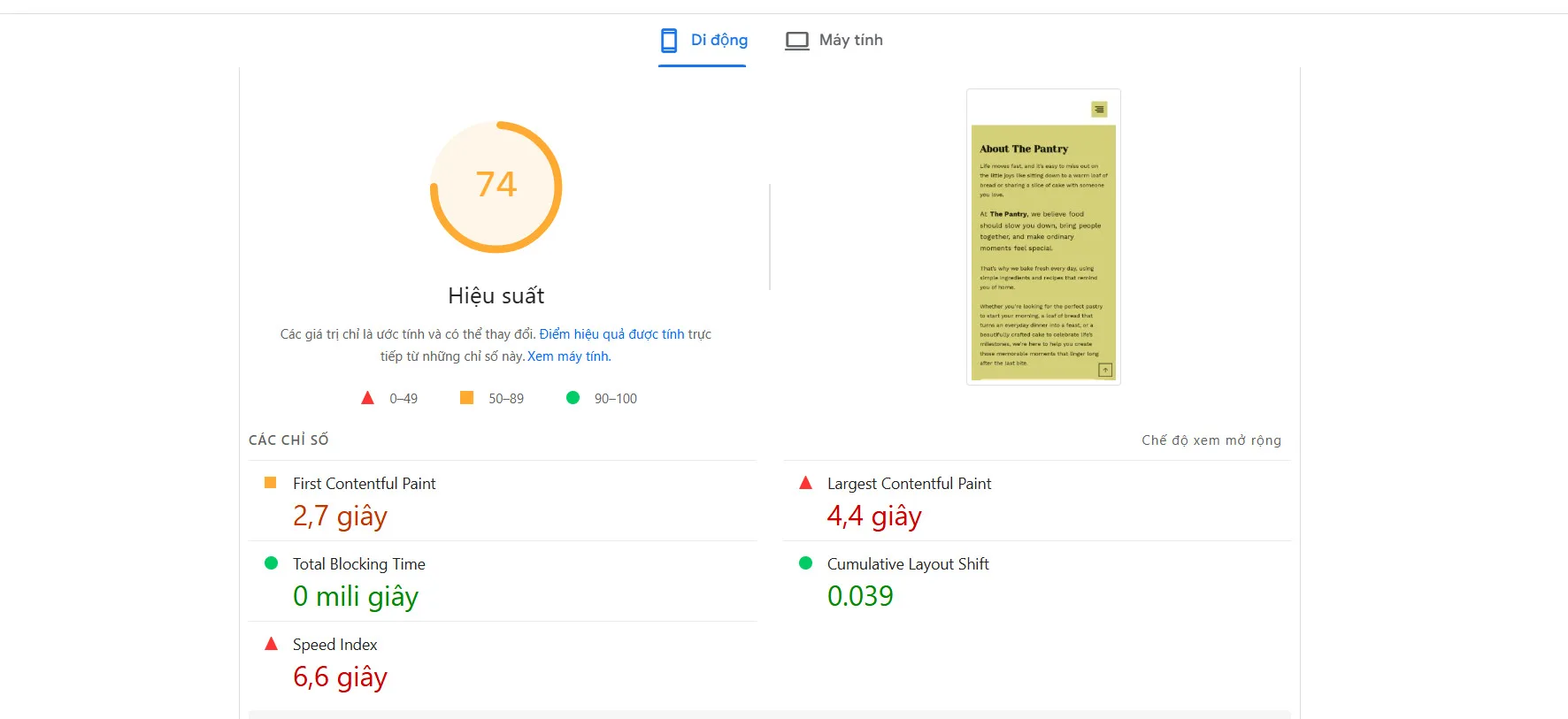 kết quả đo lường website khi chưa tối ưu