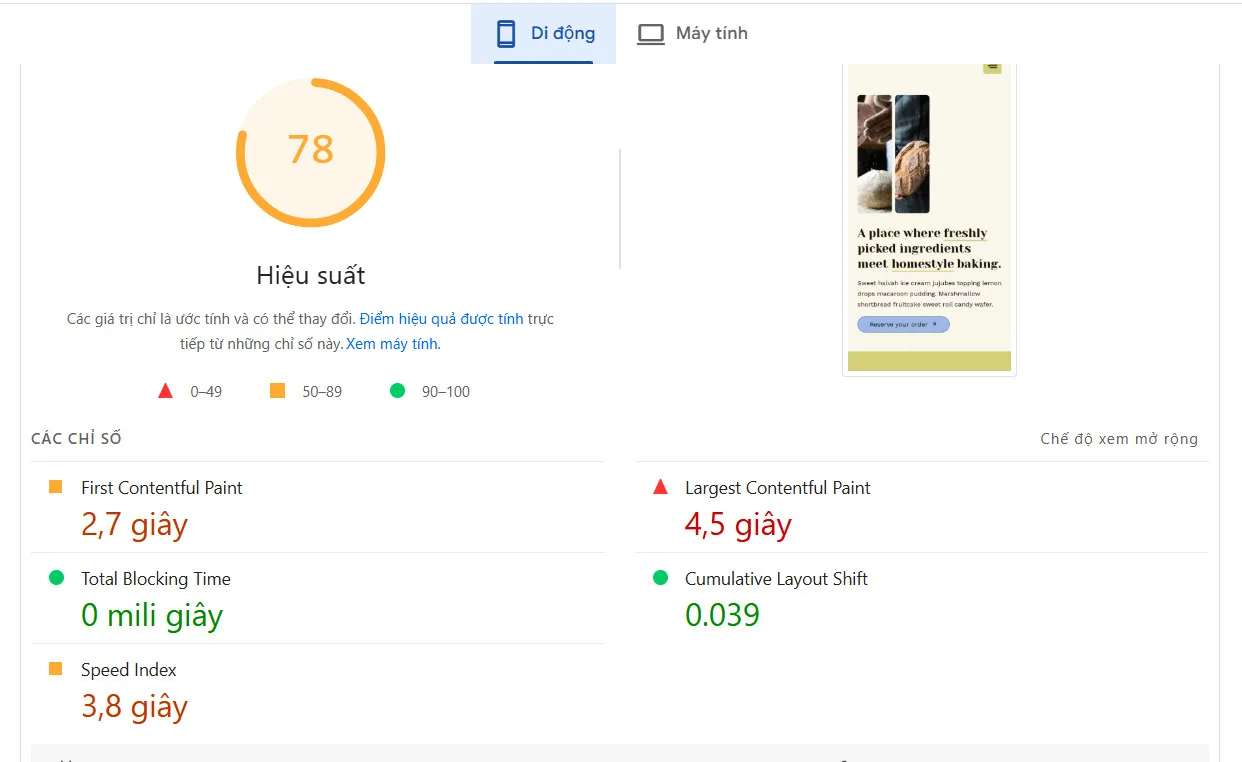 Kết quả test PageSpeed insight của imagify trên di động