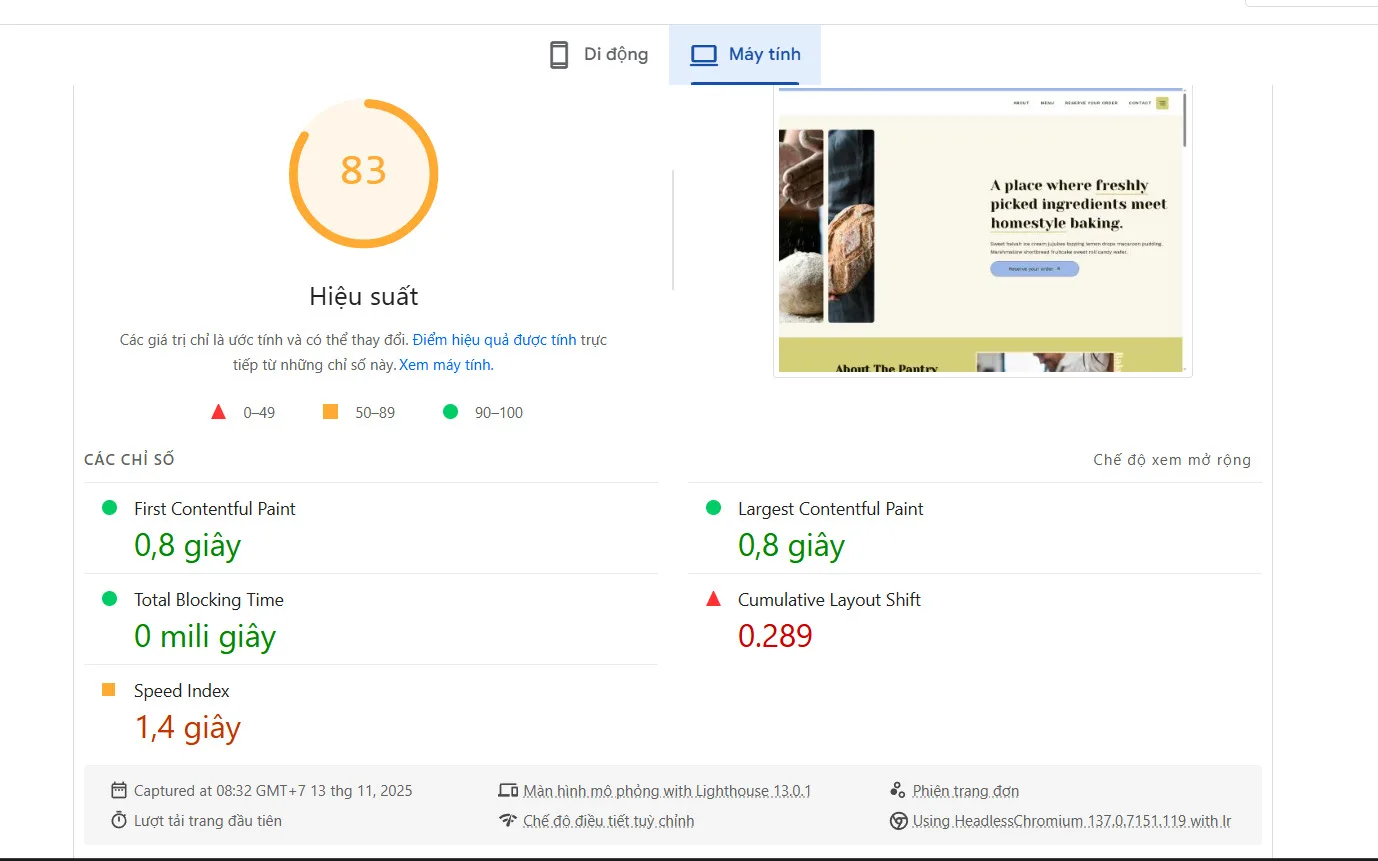 Kết quả test PageSpeed insight của imagify trên máy tính
