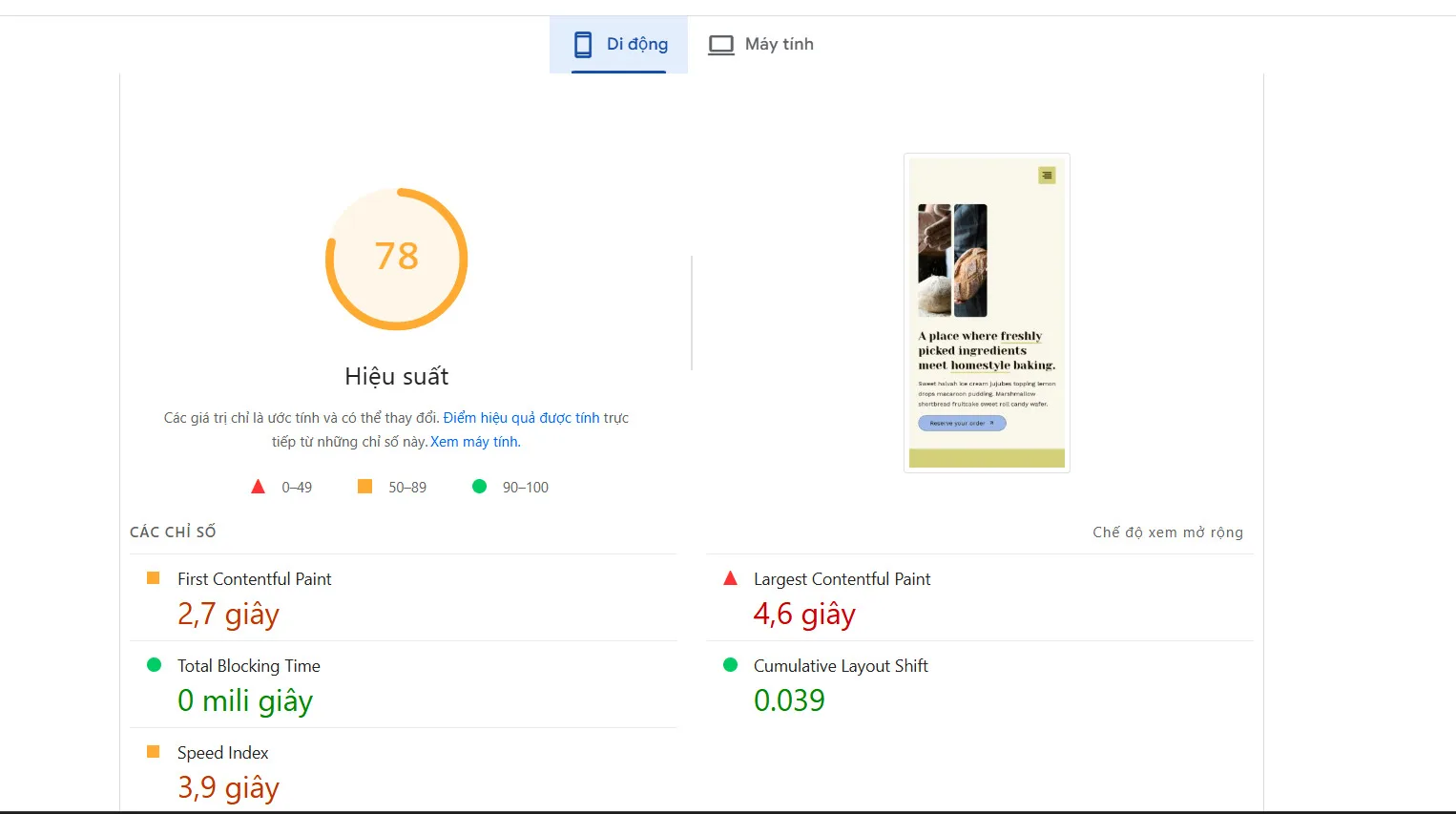 Kết quả test PageSpeed insight của perfomance lab trên máy tính: